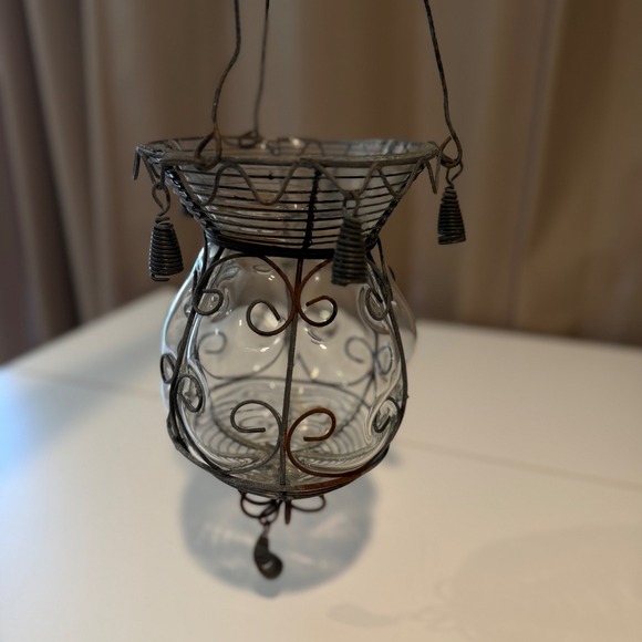 Hanging Lantern Candle Holder Wire Murano Glass Scroll Metal Ornate Chandelier